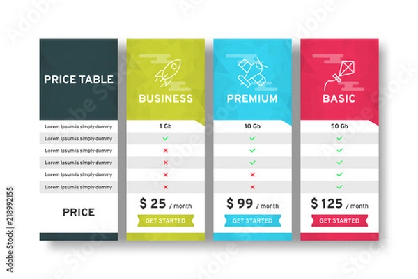 Obraz Price table for websites and applications. Template of tariffs. Vector illustration