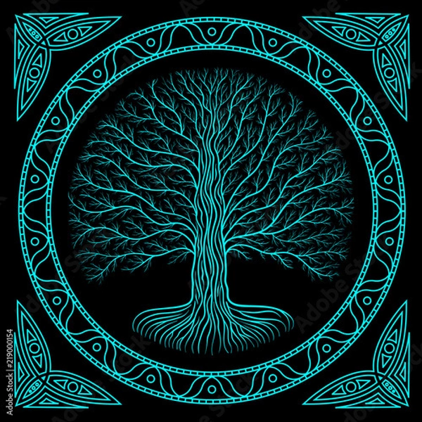 Obraz Druidic Yggdrasil tree at night, round silhouette, black and blue logo. Gothic ancient book style