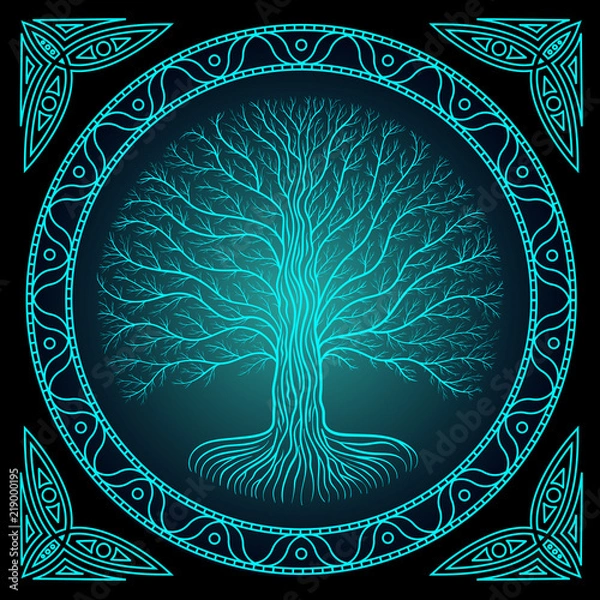 Obraz Druidic Yggdrasil tree at night, round silhouette, black and blue logo. Gothic ancient book style