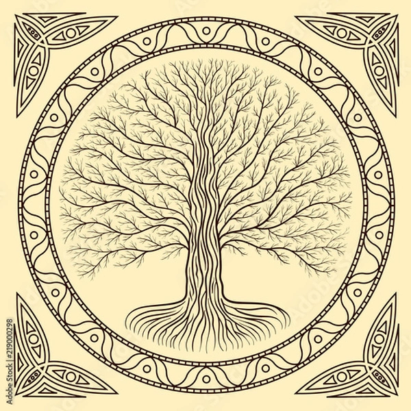 Obraz Druidyczne drzewo Yggdrasil, okrągłe, brązowe logo. Gotycki styl starożytnej książki