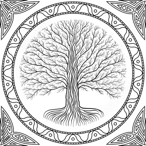 Obraz Druidic Yggdrasil tree, round gothic logo. ancient book style