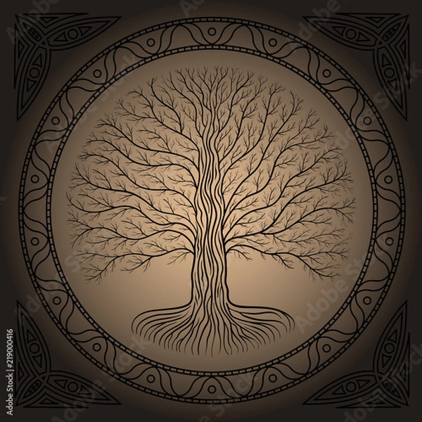 Obraz Druidic Yggdrasil tree, round, brown logo. Gothic ancient book style