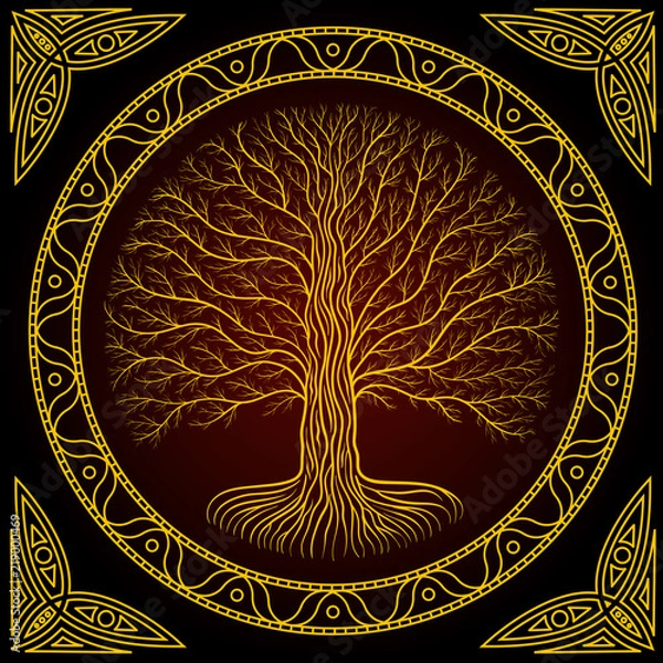 Obraz Druidic Yggdrasil tree, round dark gothic logo. ancient book style