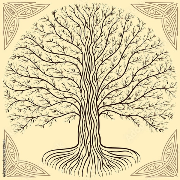 Obraz Druidic Yggdrasil tree, round, brown logo. Gothic ancient book style
