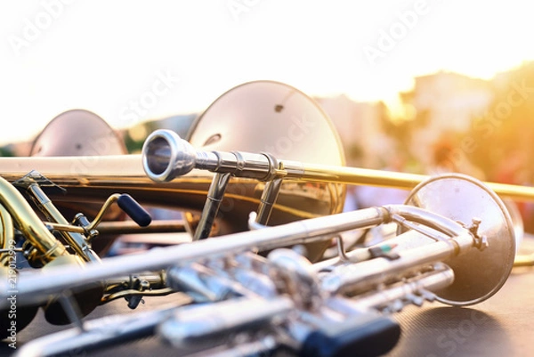 Obraz wind instruments lying on a table against a blurred background