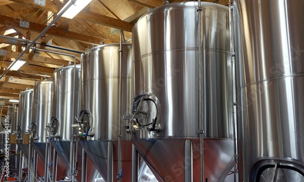 Fototapeta Row of shiny metal micro brewery tanks.