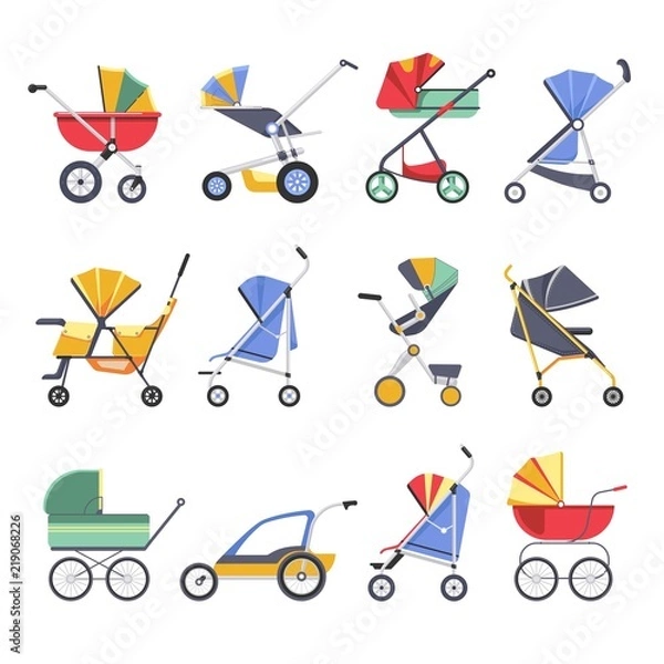Fototapeta Stroller or baby pram models vector icons
