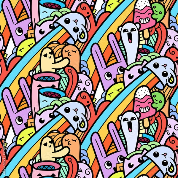 Fototapeta Funny doodle monsters seamless pattern for prints, designs and coloring books