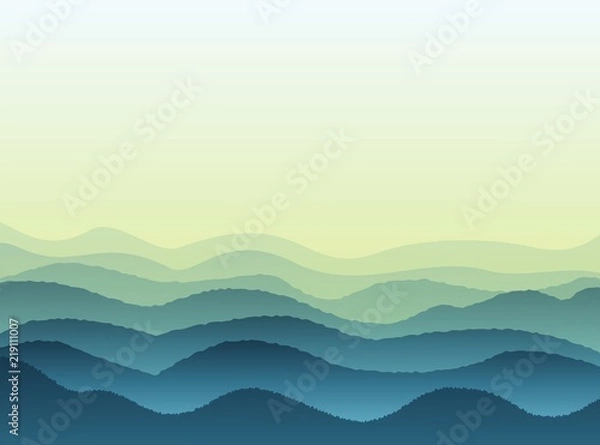 Fototapeta Vector landscape with blue silhouettes of hills and mountains