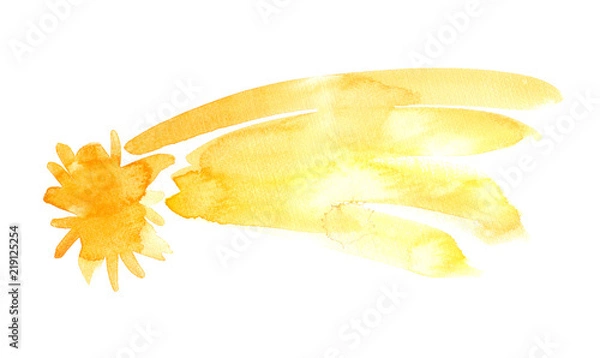 Fototapeta Abstract bright yellow shooting star painted in watercolor on clean white background. Illustration with rough canvas texture