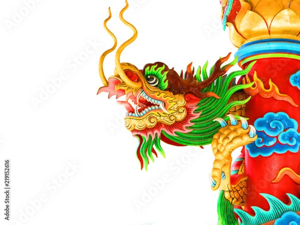 Fototapeta chinese red dragon on red pillar stucco arts isolated on white background, clipping path