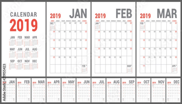 Fototapeta 2019 calendar. English calender. Color vector template. Week starts on Sunday. Business planning. New year planner. Clean minimal table. Simple design