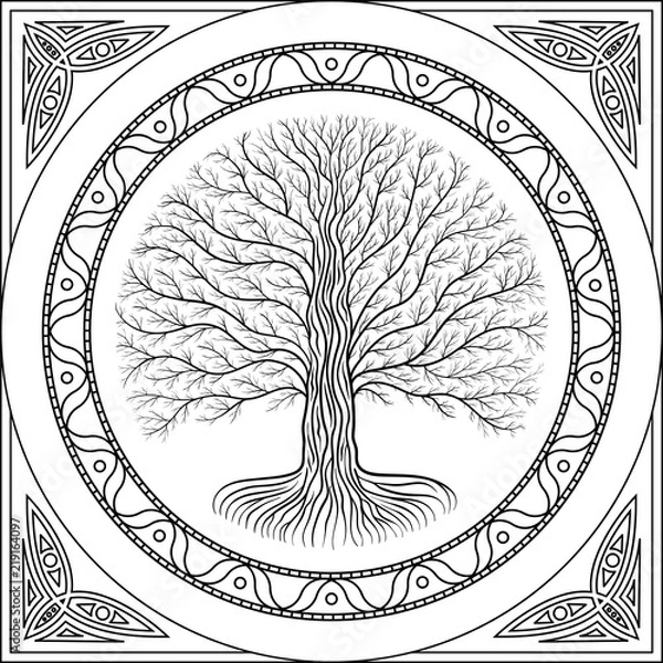 Obraz Druidic Yggdrasil drzewo konturowe, okrągłe czarno-białe gotyckie logo. starożytny styl książki.