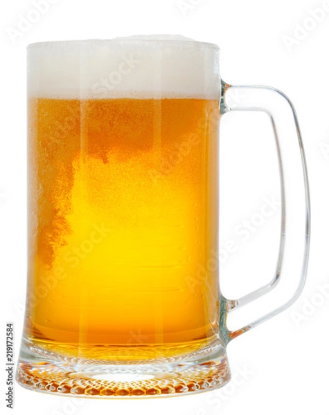 Fototapeta cold mug of beer with foam isolated on white background