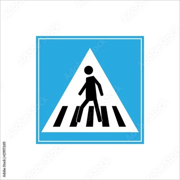Obraz Crosswalk sign black in blue square. Icon a pedestrian place for child near school. Symbol safety traffic human on road. Label for banner about crossing way. Design element. Vector illustration.