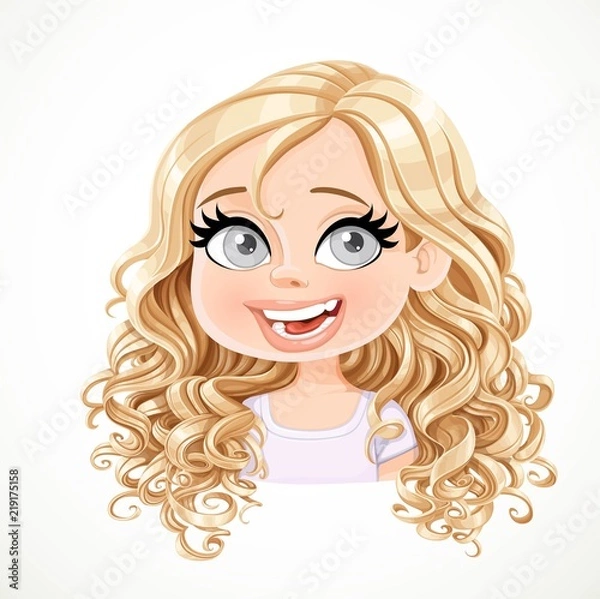 Fototapeta Beautiful enthusiastic cartoon blond girl with magnificent curly hair portrait isolated on white background