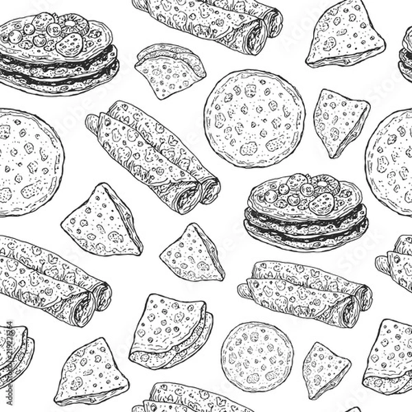 Obraz Pancakes - monochrome graphic sketch seamless pattern. Doodle cartoon ornament for shrovetide holiday. Vector illustration