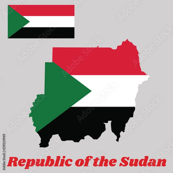 Obraz Map outline and flag of Sudan, A horizontal tricolor of red, white, and black; with a green triangle based at the hoist. with name text Republic of Sudan.