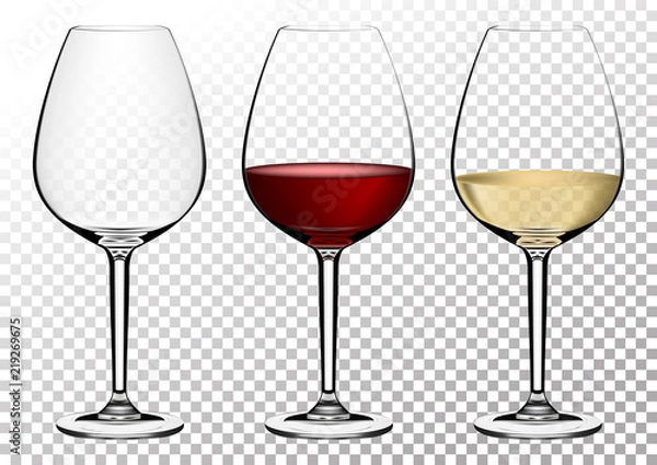 Fototapeta Set transparent vector wine glasses empty, with white and red wine. Vector illustration in photorealistic style.