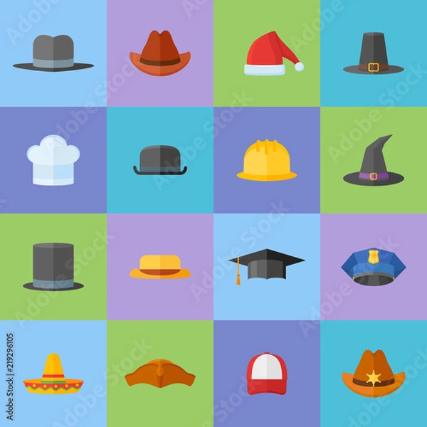 Obraz Set of different hats flat style icons. Headwear vector illustration.