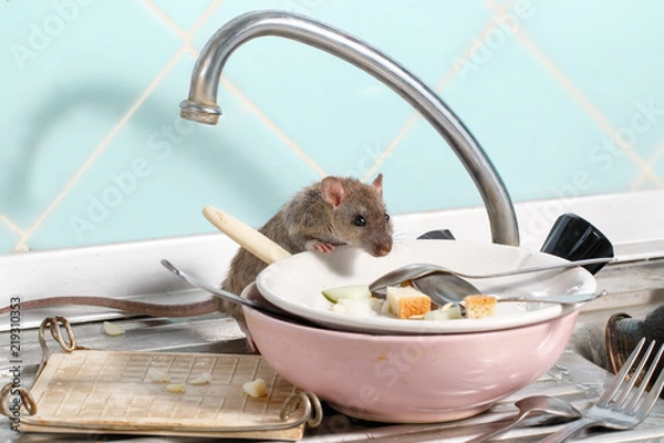 Obraz Młody szczur (Rattus norvegicus) wchodzi do naczynia z resztkami jedzenia na talerzu na zlewie w kuchni. Walcz z gryzoniami w mieszkaniu. Eksterminacja.