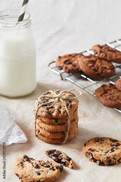 Fototapeta A hand crafted package of chocolate cookies with chocolate chips