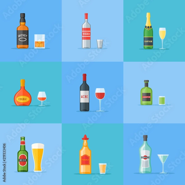 Obraz Set of bottles and glasses with alcohol drinks. Whiskey, vodka, cognac, wine, beer, absinthe, tequila, champagne and vermouth. Flat style icons. Vector illustration.