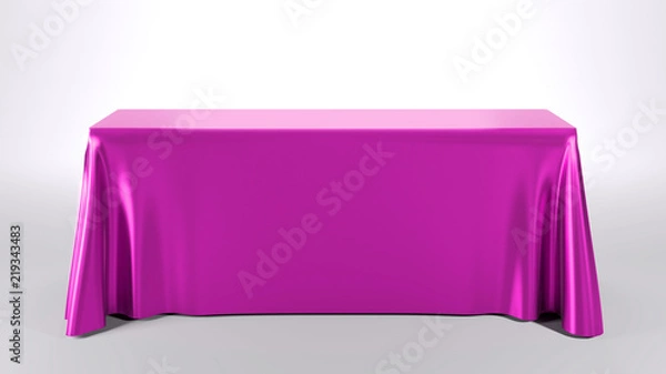 Fototapeta Trade show exhibition advertising table format. Rectangle Tablecloth purple. 3d render illustration.