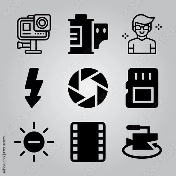 Obraz Simple 9 icon set of camera related camera, memory card, flash and action camera vector icons. Collection Illustration
