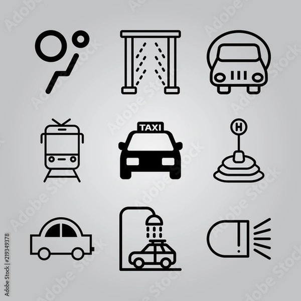 Fototapeta Simple 9 icon set of transport related car wash, airbag, small car and train vector icons. Collection Illustration