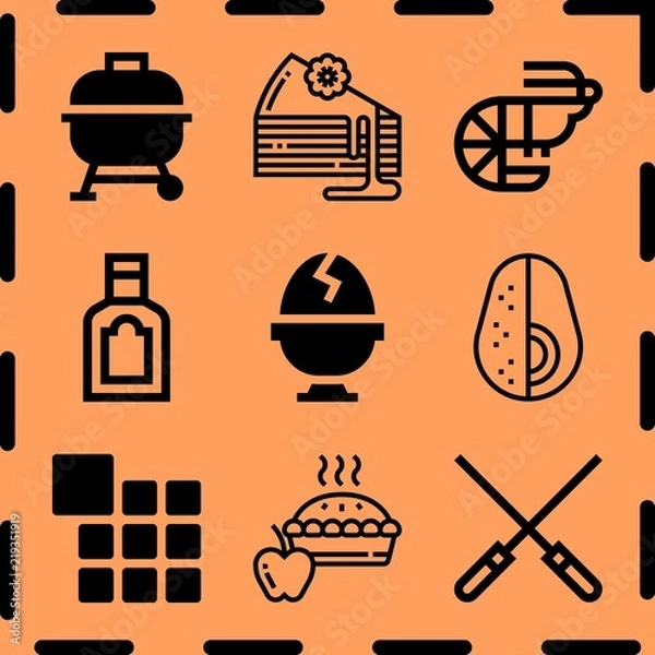 Fototapeta Simple 9 icon set of cooking related skewers, bbq, boiled egg and avocado vector icons. Collection Illustration