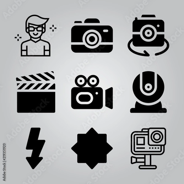 Fototapeta Simple 9 icon set of camera related webcam, video camera, night mode and action camera vector icons. Collection Illustration