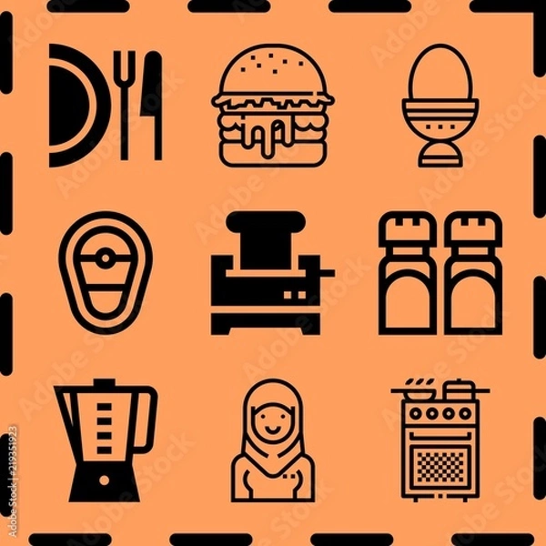Fototapeta Simple 9 icon set of cooking related toaster, dish, steak and malaysian vector icons. Collection Illustration