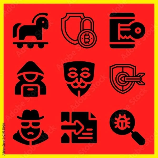 Fototapeta Simple 9 icon set of hacker related spy, trojan, hacker and virus search vector icons. Collection Illustration