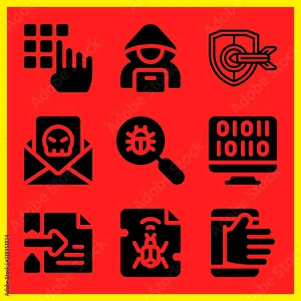 Fototapeta Simple 9 icon set of hacker related hacker, virus search, hacker and binary code vector icons. Collection Illustration