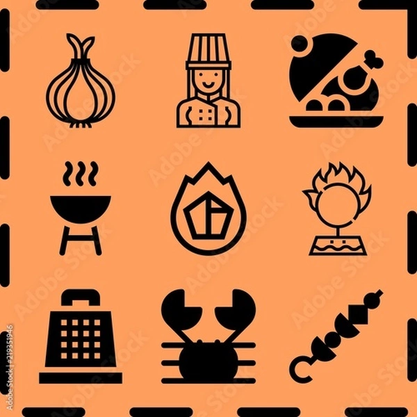 Fototapeta Simple 9 icon set of cooking related onion, chef, skewer and grill vector icons. Collection Illustration