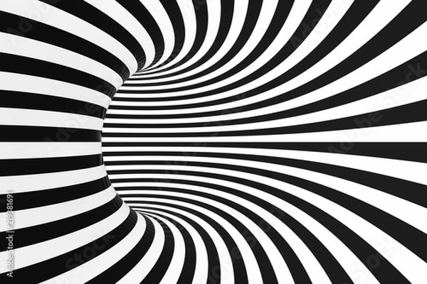 Fototapeta Black and white spiral tunnel. Striped twisted hypnotic optical illusion. Abstract background. 3D render.