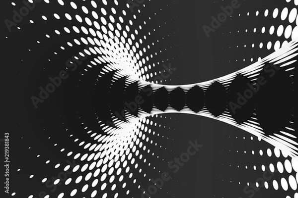 Fototapeta Black and white dotted spiral tunnel. Striped twisted spotted optical illusion. Abstract halftone background. 3D render.