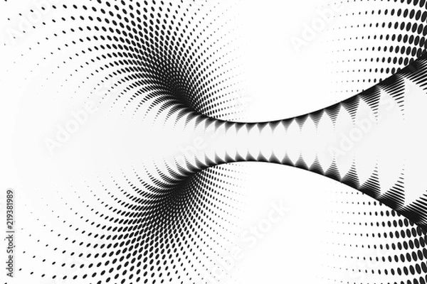 Fototapeta Black and white dotted spiral tunnel. Striped twisted spotted optical illusion. Abstract halftone background. 3D render.