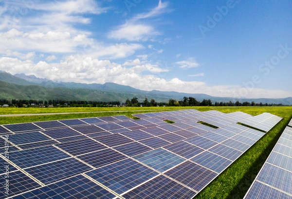 Fototapeta Huge solar panels generate electricity on vast grasslands