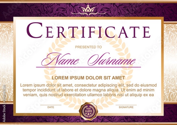 Fototapeta Certificate in the official, solemn, elegant, Royal style in violet, purple and gold tones, with the image of the crown(horizontal format)