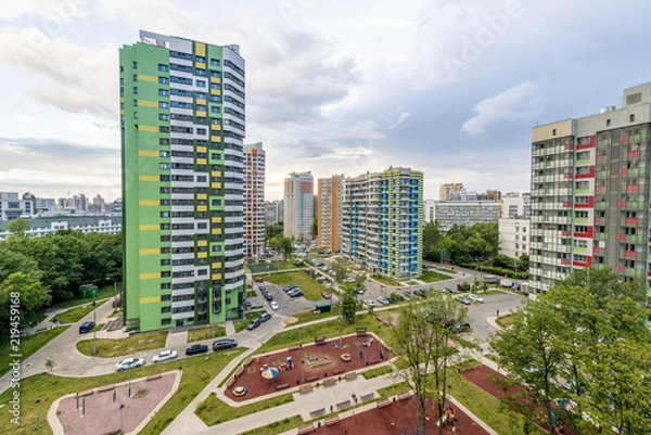 Fototapeta Streets and residential buildings in Moscow from a height view from above panorama
