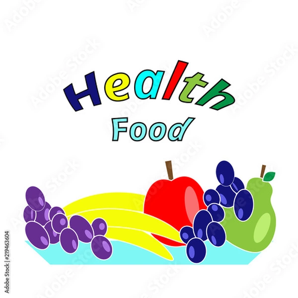 Fototapeta A plate of fruit - grapes, an apple, a pear, a banana. Proper nutrition. Healthy lifestyle. Vegetarianism. Illustration