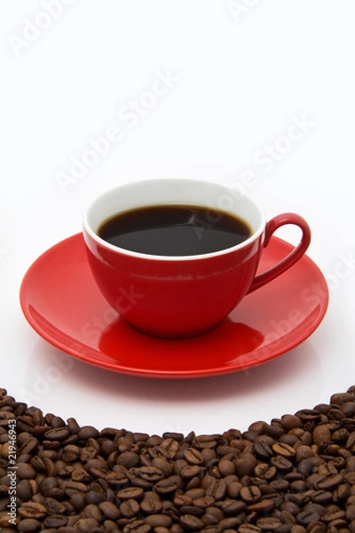 Obraz Red coffee cup and beans.