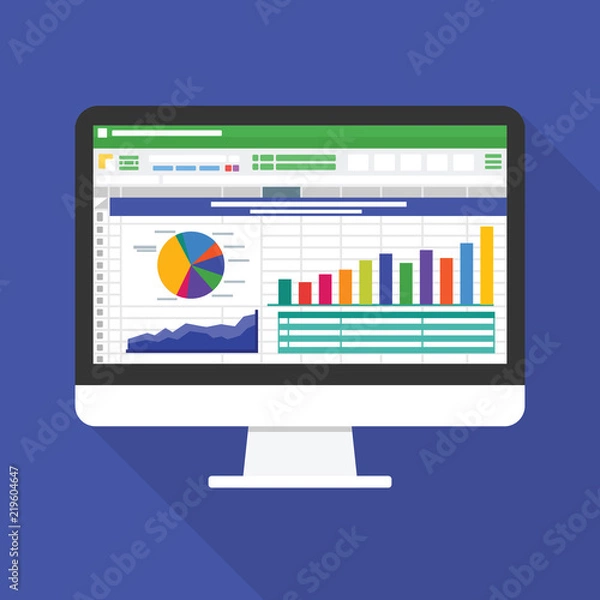 Fototapeta Spreadsheet on Computer screen flat icon. Financial accounting report concept. office things for planning and accounting, analysis, audit, project management, marketing, research vector illustration