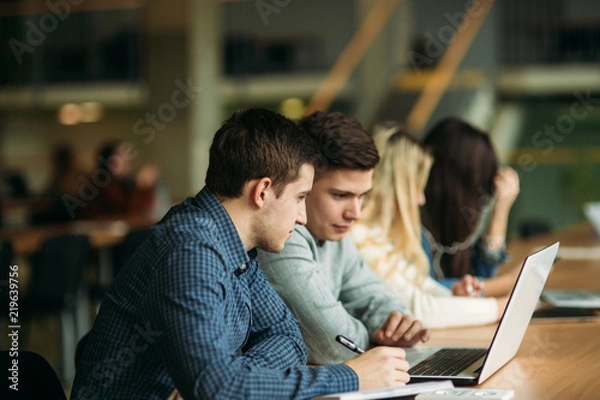 Fototapeta Group of college students studying in the school library, a girl and a boy are using a laptop and connecting to internet