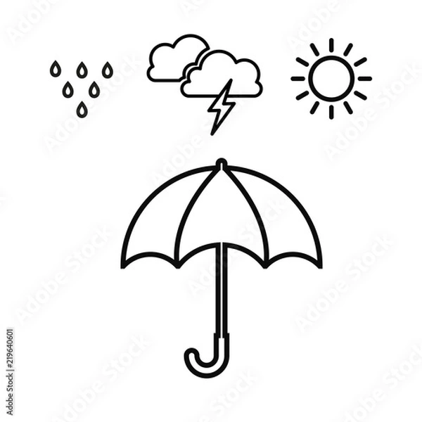 Obraz Storm cloud with lightning and rain with sun. Rainy season line icon isolated vector