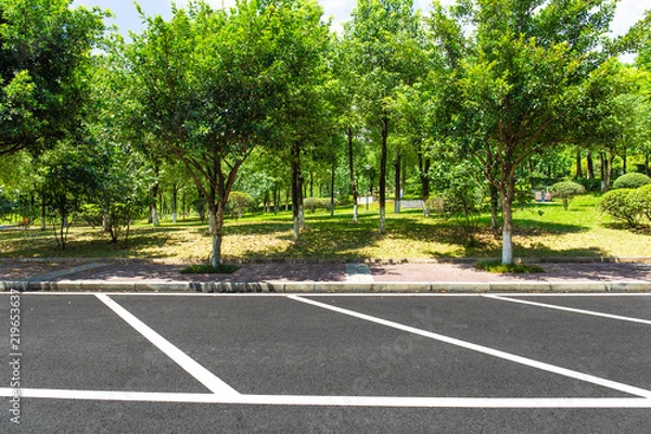 Fototapeta Urban open-air parking lot and park trees landscape in summer