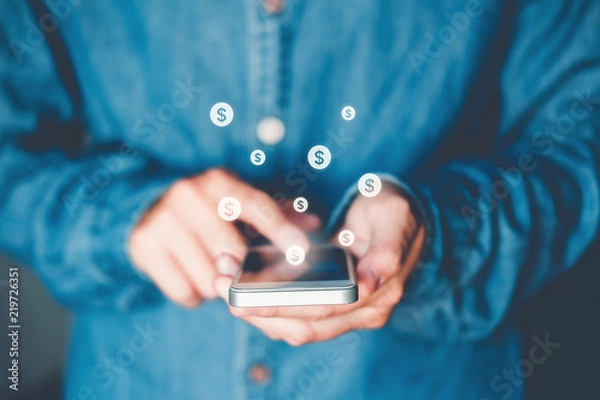 Obraz Online banking businessman using smartphone  Fintech and Blockchain concept