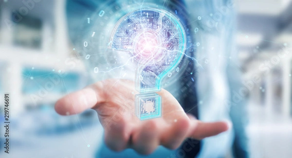 Fototapeta Businessman solving problem with digital question marks 3D rendering